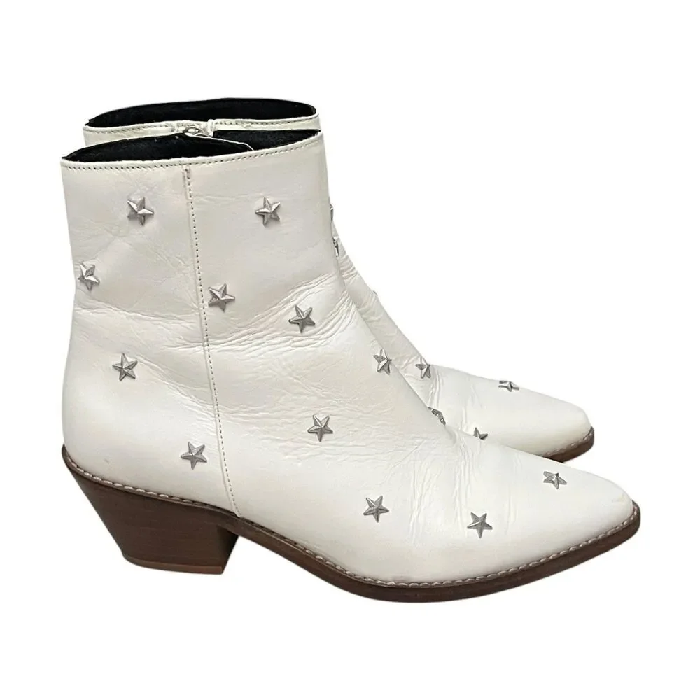 Zadig & Voltaire Tyler Star Stud Leather Ankle Boots White Western EU 37 US 6